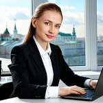 **

A successful businesswoman in Moscow, Russia, wearing a tailored business suit in a modern office setting. She is working at a sleek desk with a laptop. The background features a cityscape view through a large window. Lighting is professional and bright. fully clothed, appropriate attire, safe for work, perfect anatomy, natural proportions, professional photography, high quality.

**