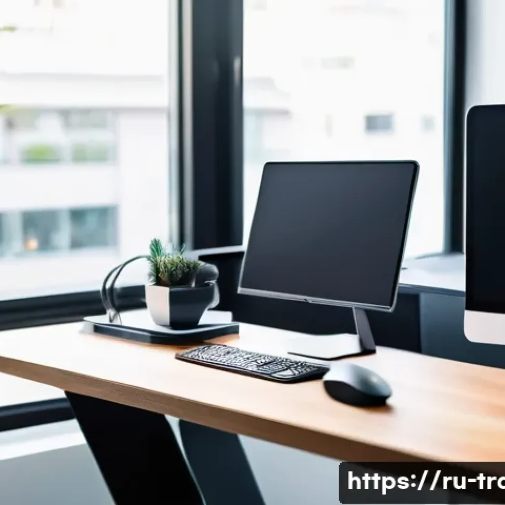 번역사 직업 만족도를 높이는 방법 - A modern home office setup designed for a professional translator, featuring an ergonomic chair and ...