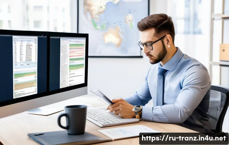 번역사 경력 발전을 위한 도구 - A modern translation workspace featuring a professional translator using a dual-monitor setup with S...