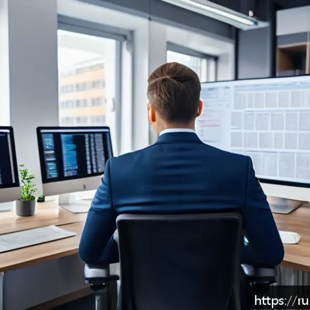 번역 견적 산출 방법과 사례 - A professional translator at work in a modern office setting, surrounded by multiple computer screen...