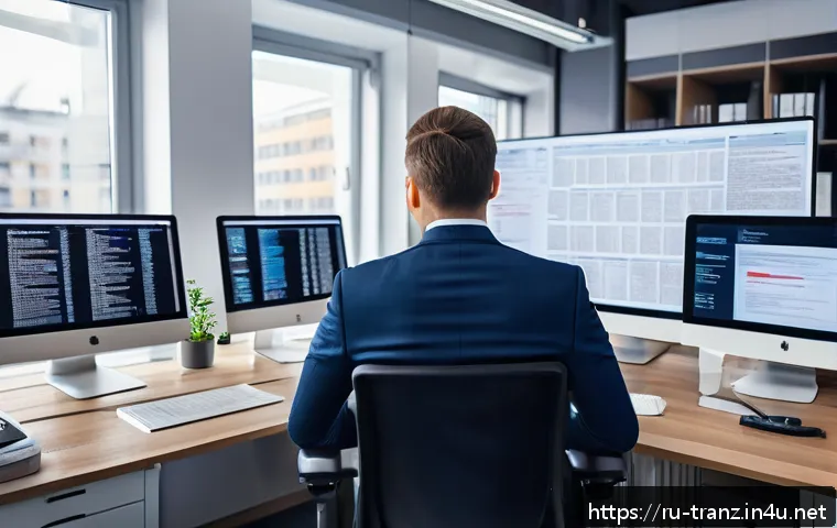 번역 견적 산출 방법과 사례 - A professional translator at work in a modern office setting, surrounded by multiple computer screen...