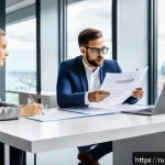 Home 19 번역사와 클라이언트 사이의 분쟁 해결법 - A professional translator and a client sitting across from each other at a modern office table, enga...