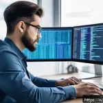 Home 18 IT 번역사로서 성장하는 방법 - A professional freelance IT translator working at a modern home office desk, surrounded by multiple ...