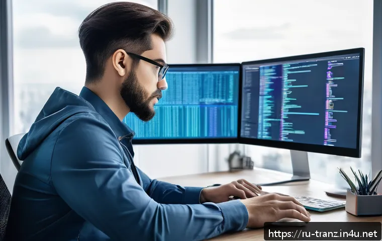 IT 번역사로서 성장하는 방법 - A professional freelance IT translator working at a modern home office desk, surrounded by multiple ...